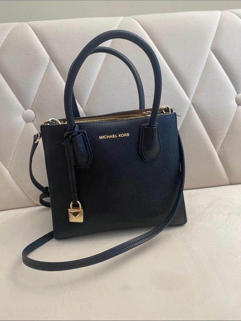 Michael Kors Navy Leather Satchel with Gold Hardware
